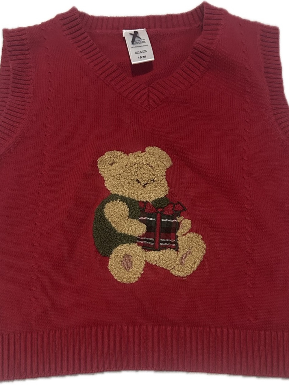 Baby Red Sweater Vest with Teddy Bear Appliqué